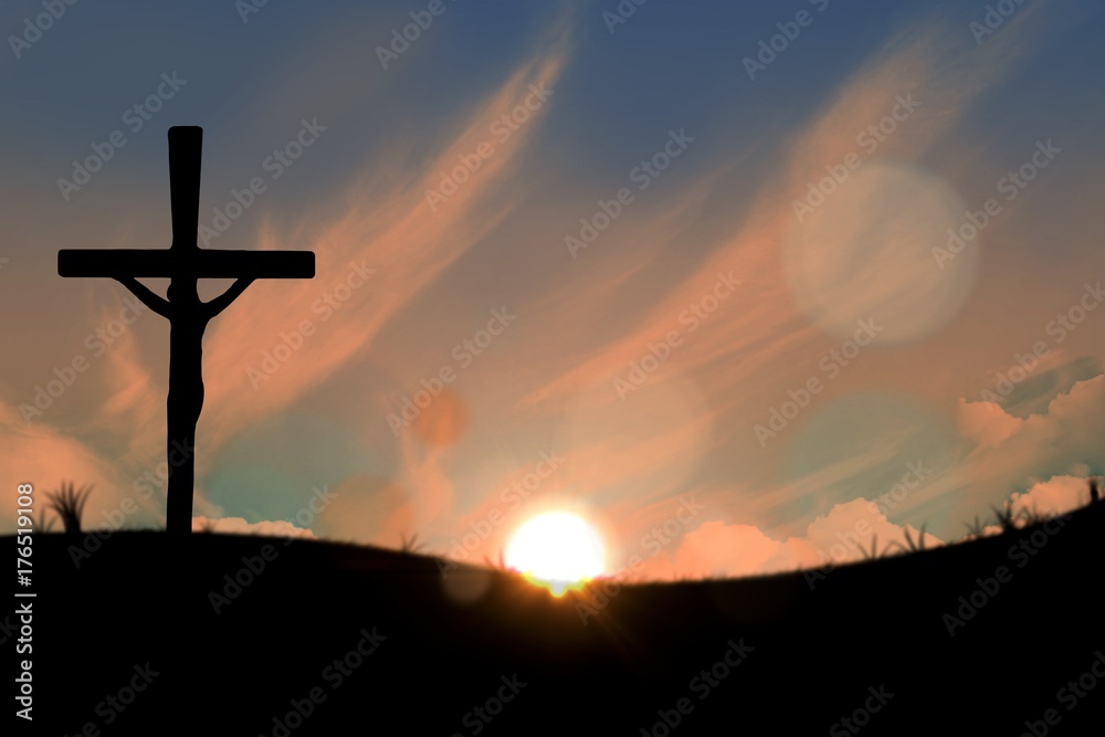 Cross religion symbol shape over sunset sky Cross religion symbol shape over sunset sky