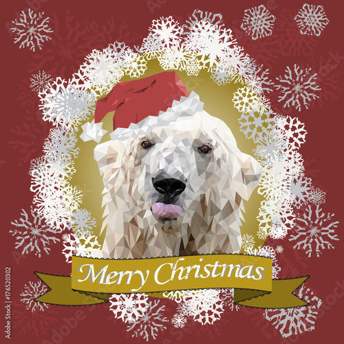 funny Christmas card with a polygonal portrait polar bear showing tongue in the Santa Claus hat