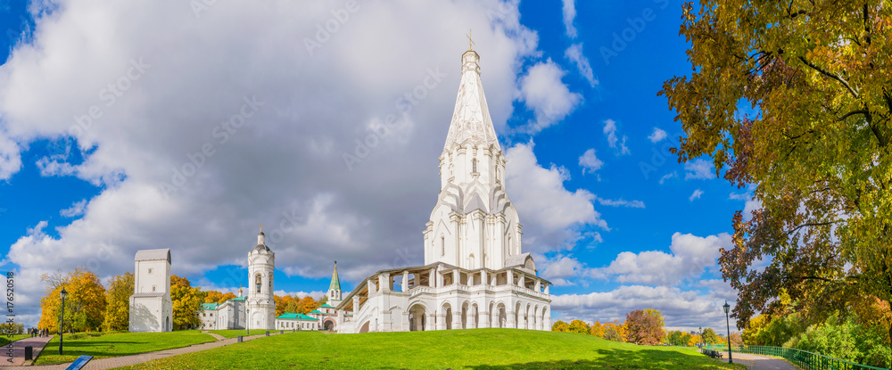 A panoramic autumn view of The Church of the Ascension and the architectural complex in Kolomenskoye, Moscow.