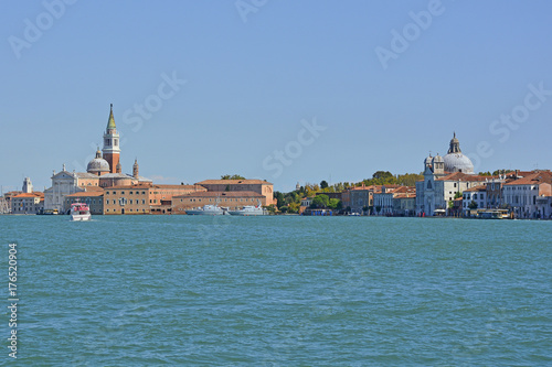 A view of the island of Giudecca in Venice taken from the island of Giudecca. The church of San Giorgio Maggiore can be seen on left, and Zitelle on the right