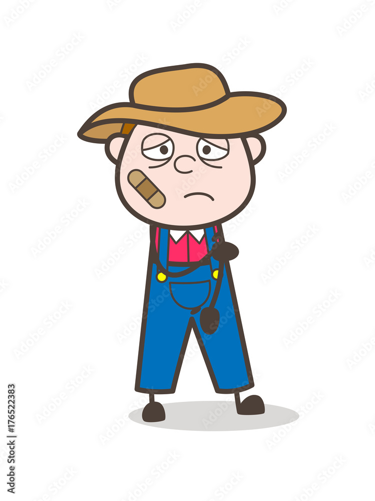 Injured Cartoon Farmer with Bandage on Face Injured Cartoon Farmer with Bandage on Face