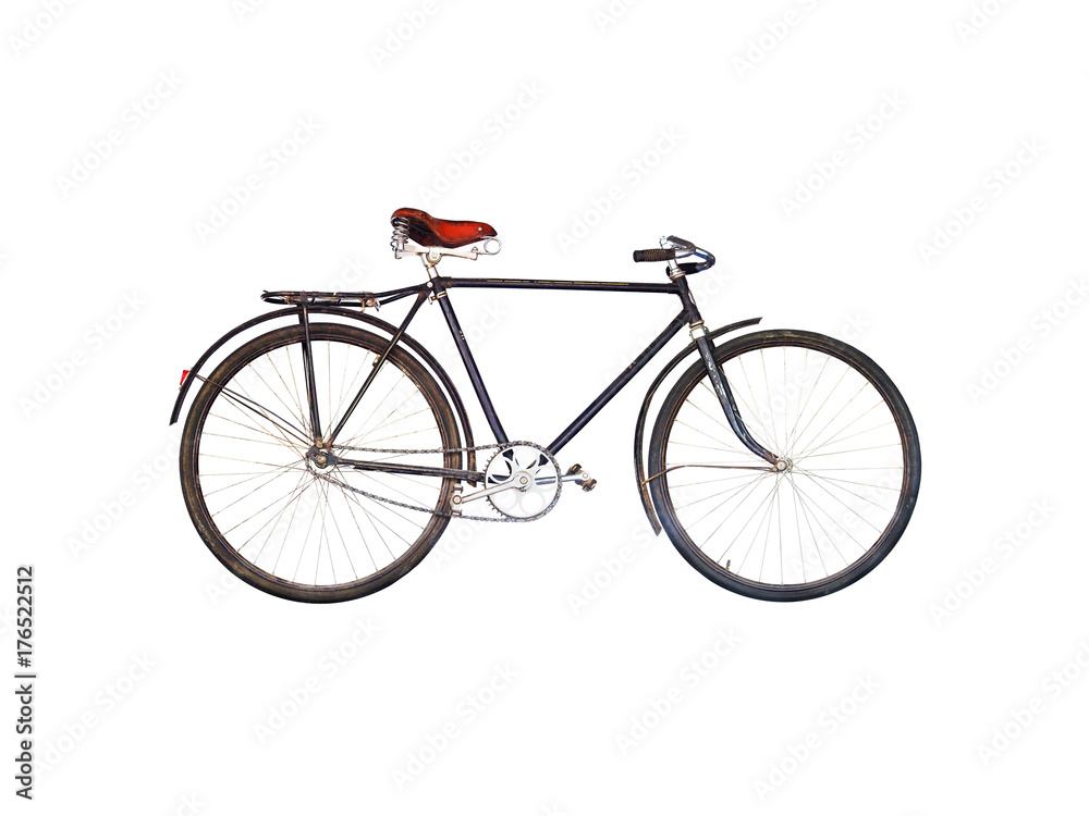 Old retro bicycle of the second half of the last century isolated on a white background. Rusty black bicycle with frame and trunk