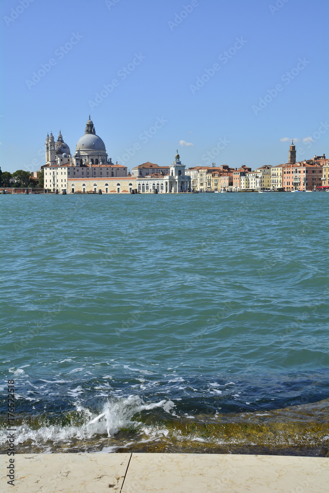 Dorsodoro in Venice taken from San Giorgio Maggiore with the Giudecca Canal on the left, the Grand Canal on the right, Santa Maria Della Salute (Saint Mary of Health) and Punta della Dogana 