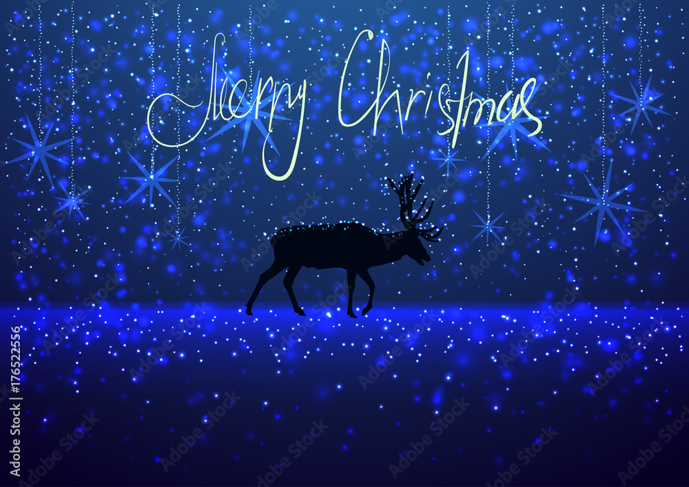 illustration of a winter snowy evening with the silhouette of a deer, greeting card Merry Christmas background, blue colors, vector illustration of a winter snowy evening with the silhouette of a deer, greeting card Merry Christmas background, blue colors, vector