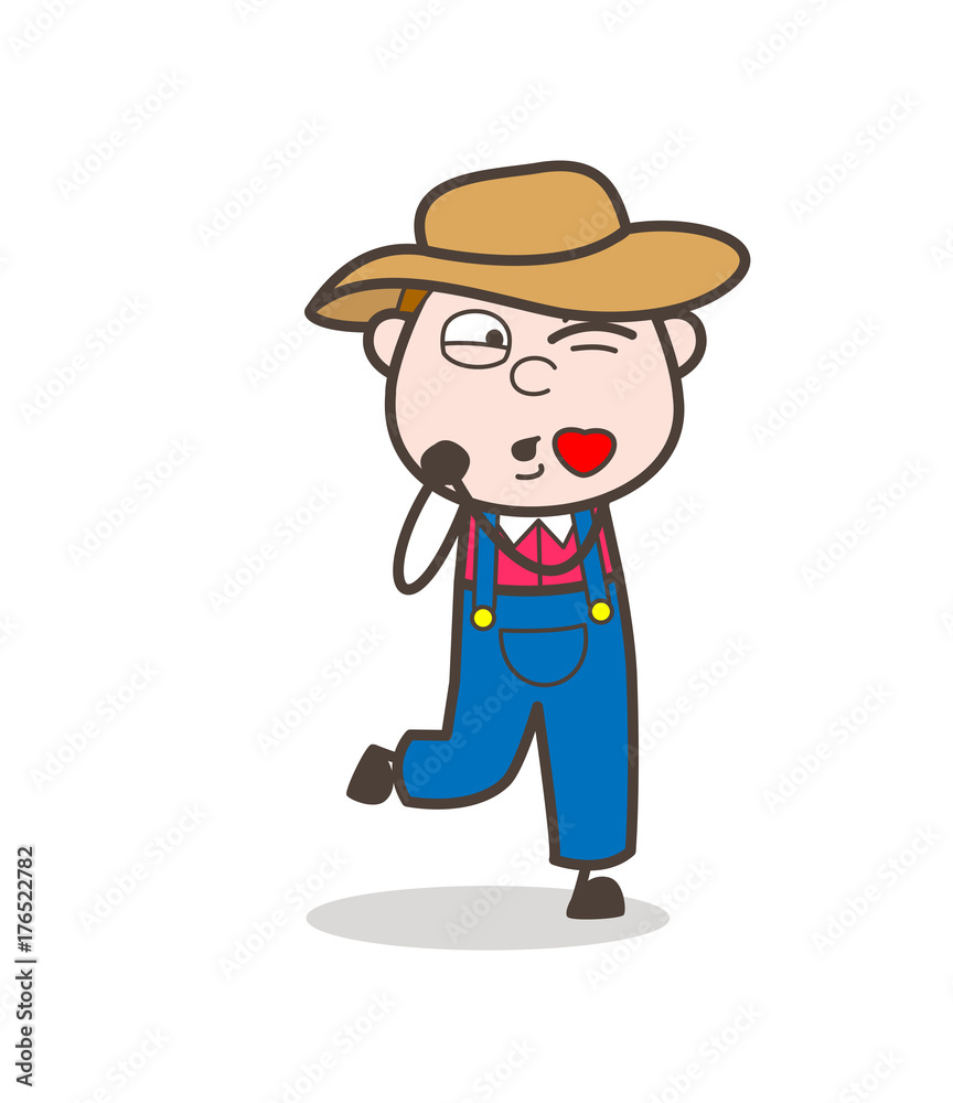 Cartoon Farmer Boy Blowing Kiss Vector Illustration