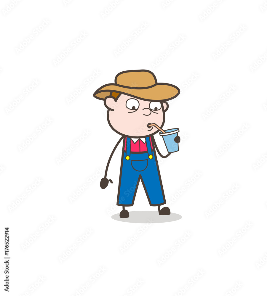 Thirsty Comic Farmer Drinking Juice Vector Concept