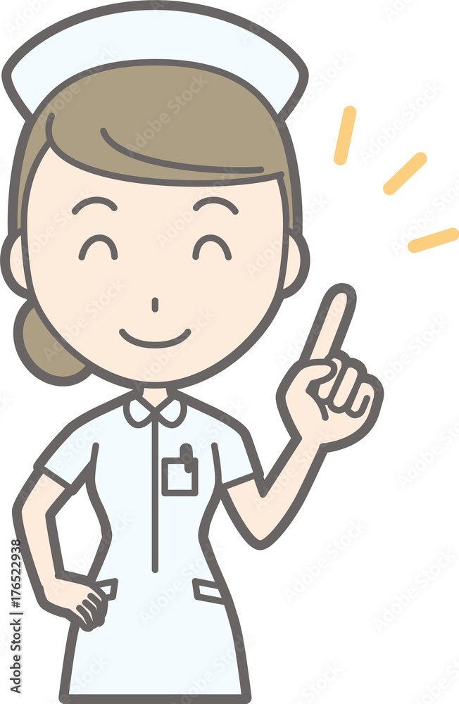Illustration that a female nurse wearing a white suit is pointing at her finger with a smile