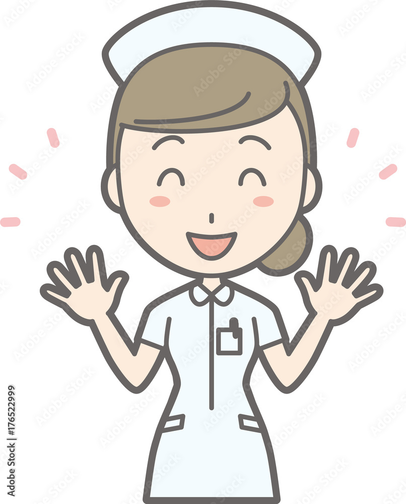 Illustration that a woman nurse wearing a white suit spreads her hands and is laughing Illustration that a woman nurse wearing a white suit spreads her hands and is laughing