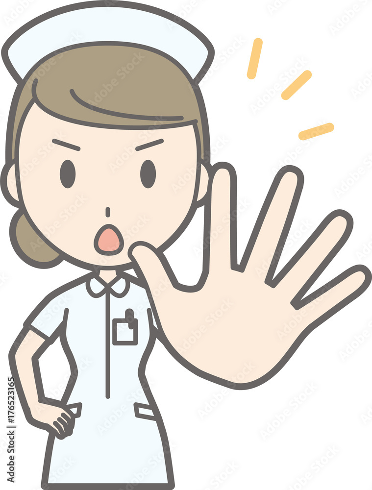 Illustration that a woman nurse wearing a white suit presents her hand in front Illustration that a woman nurse wearing a white suit presents her hand in front