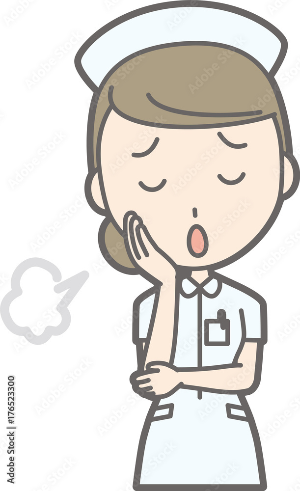 Illustration that a female nurse wearing a white suit is sighing