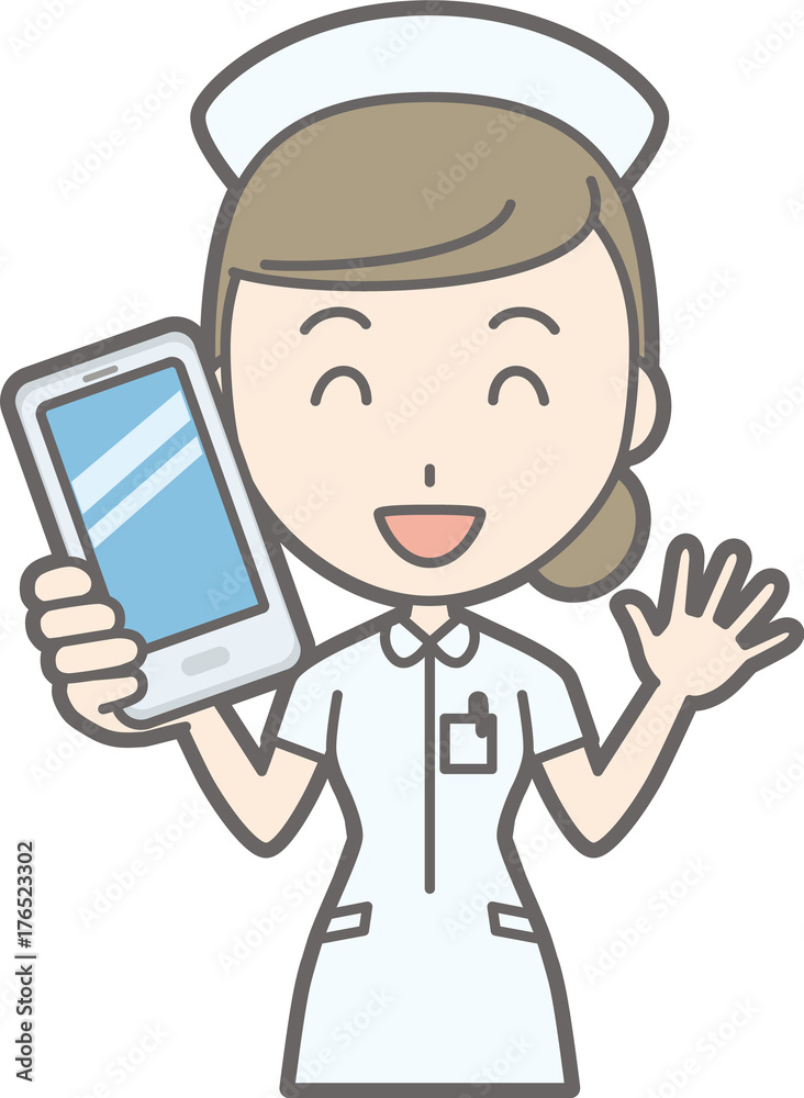 Illustration that a female nurse wearing a white suit has a smartphone Illustration that a female nurse wearing a white suit has a smartphone