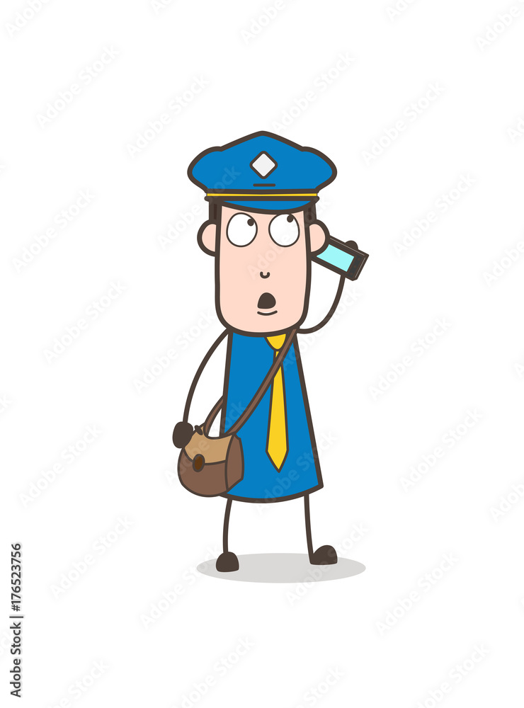 Cartoon Mailman Communicating with Client on Mobile