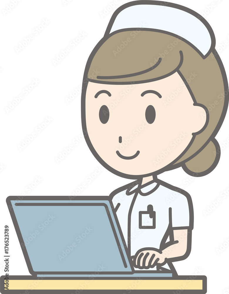 Illustration that a female nurse wearing a white coat is operating a laptop computer Illustration that a female nurse wearing a white coat is operating a laptop computer