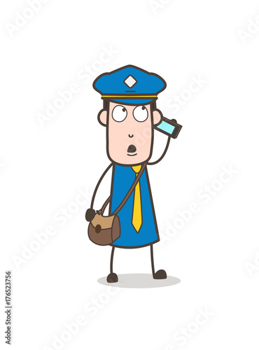 Cartoon Mailman Communicating with Client on Mobile