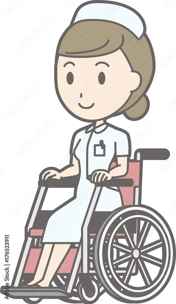 Illustration that a female nurse wearing a white suit is on a wheelchair Illustration that a female nurse wearing a white suit is on a wheelchair