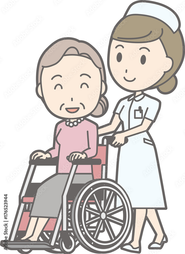 Illustration of a female nurse wearing a white suit pushing a wheelchair Illustration of a female nurse wearing a white suit pushing a wheelchair