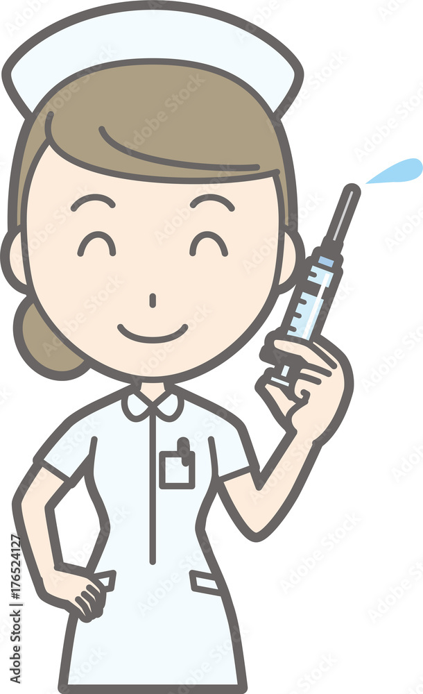 Illustration that a female nurse wearing a white coat has a syringe Illustration that a female nurse wearing a white coat has a syringe