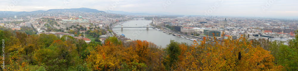 Aerial panorama of Budapest, Hungary, in the autumn.