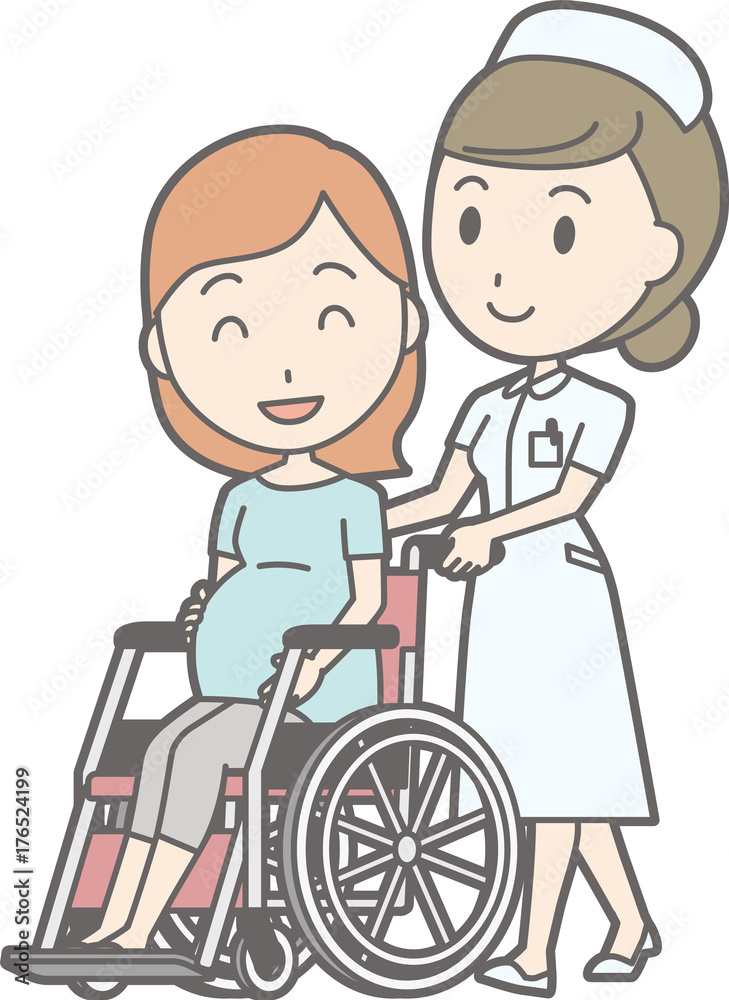 Illustration that a female nurse wearing a white coat presses a wheelchair on which a pregnant woman got on Illustration that a female nurse wearing a white coat presses a wheelchair on which a pregnant woman got on