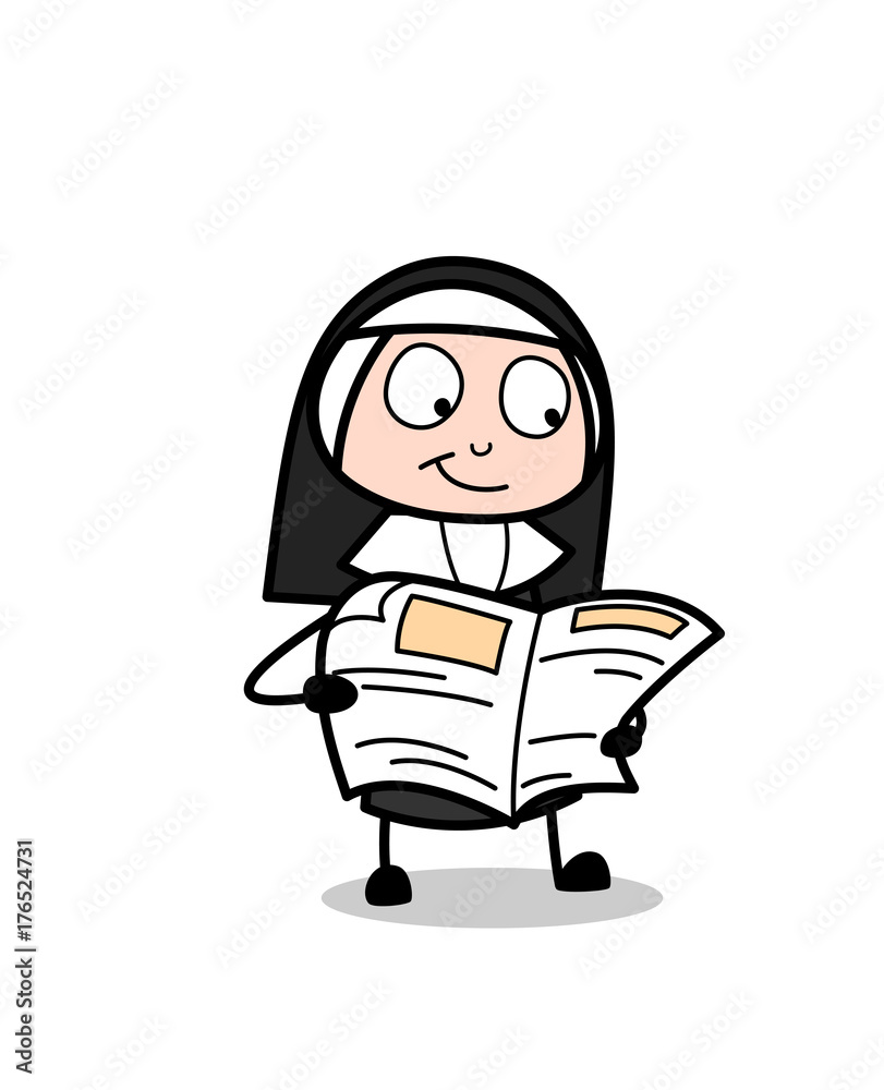 Cartoon Nun Lady Reading Newspaper Vector