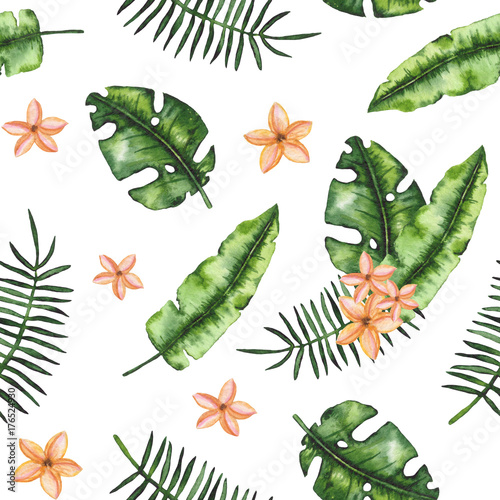 Seamless Pattern of Watercolor Green Leaves and Plumeria