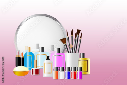 Cosmetic accessories standing in front of a mirror