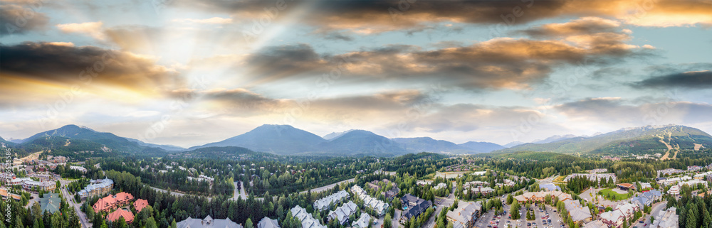 Panoramic aerial view of Whistler skyline and surrounding mountain scenario in summer