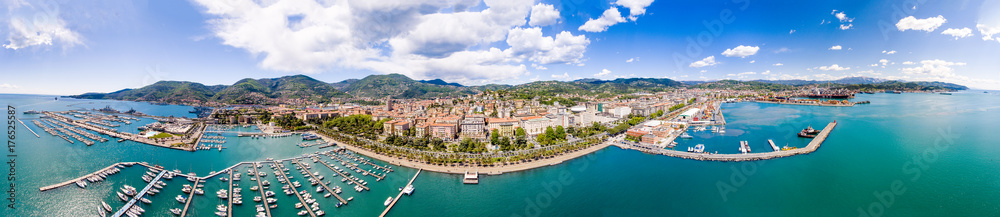 Aerial panoramic view of La Spezia Port from the Sea, Liguria - Italy