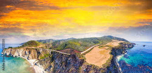 Aerial panoramic view of Bixby Bridge and Big Sur coastline, California