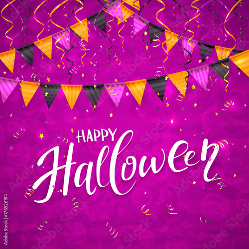 Purple Halloween background with pennants and streamers