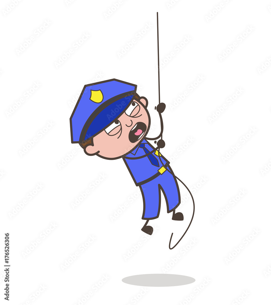 Cartoon Officer Doing Practice of Climbing Rope in Training