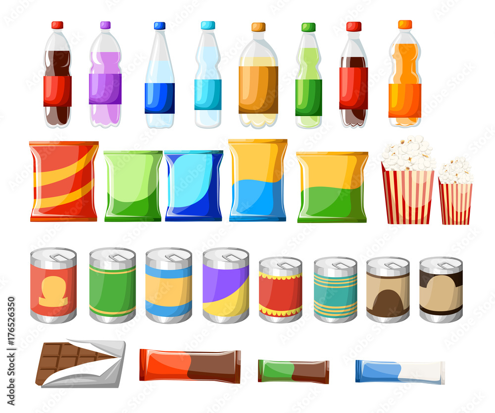 Vending machine product items set. Vector flat illustration. Food and drinks design elements isolated on white background. Fast food snacks and drinks flat icons. Snack pack set stock vector design Vending machine product items set. Vector flat illustration. Food and drinks design elements isolated on white background. Fast food snacks and drinks flat icons. Snack pack set stock vector design