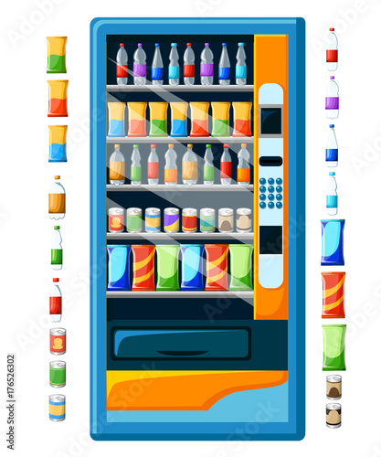 Vintage vending machine advertisement poster with snacks and drinks packaging set Food And Drink Vending Machines Design Set Stylized vector illustration. Web site page and mobile app design