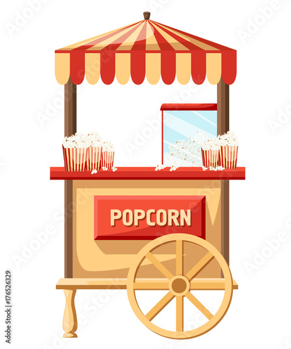 Popcorn cart carnival store and fun festival cart. Popcorn cartoon delicious tasty retro car. Candy corn container seller snack food market flat vector illustration. Web site page mobile app design