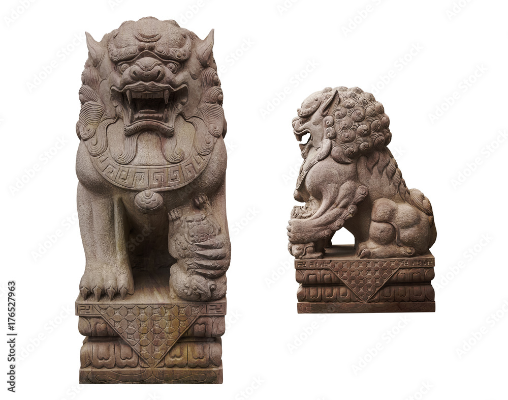 Stone lion statue isolated on white background with clipping paths.