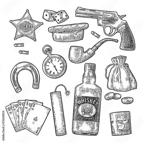 Set with Wild West and casino symbols. Vector vintage engraving