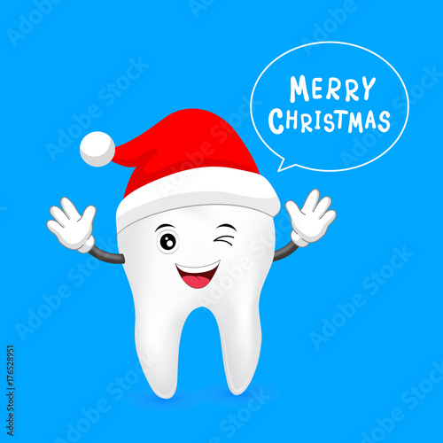 Cute cartoon tooth character with Santa hat. Merry Christmas and happy new year. Illustration isolated on blue background.