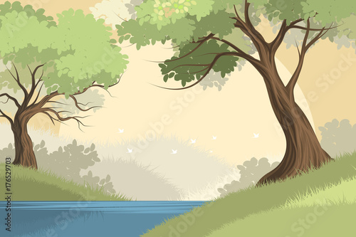 Beautiful lake and forest scene vector nature landscape background