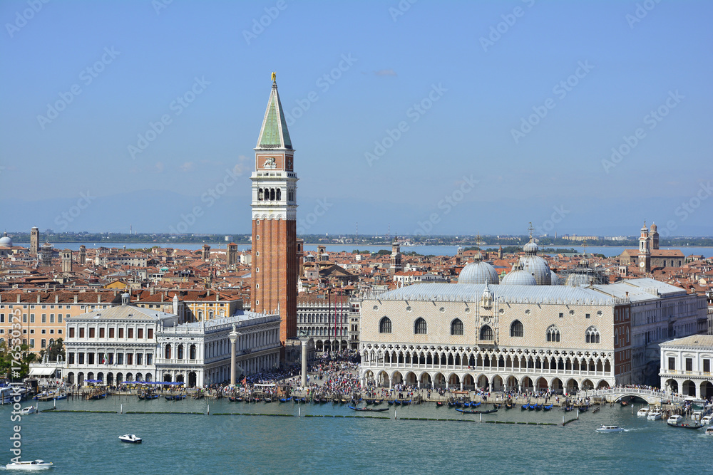 A view of Venice taken from the San Giorgio Maggiore with the iconic Campanile di San Marco (Saint Mark's Belltower) and the Doge's Palace
