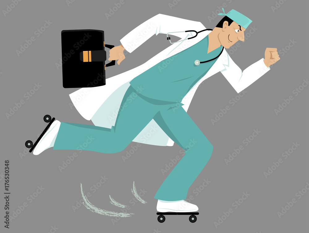 Doctor on roller skates rushing to a patient, EPS 8 vector illustration