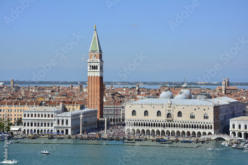 A view of Venice taken from the San Giorgio Maggiore with the iconic Campanile di San Marco (Saint Mark's Belltower) and the Doge's Palace 