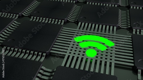 Grid of connected CPUS and a green wifi symbol glowing on the wires