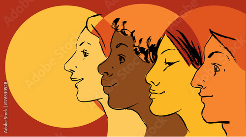 Female profiles of different ethnicity as a symbol for women empowerment movement, EPS 8 vector illustration