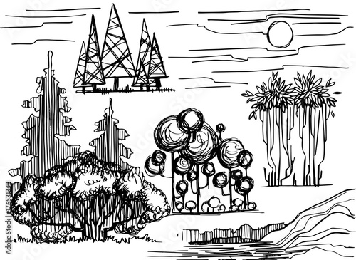 set of graphic line Illustration , the entourage of trees on a white background