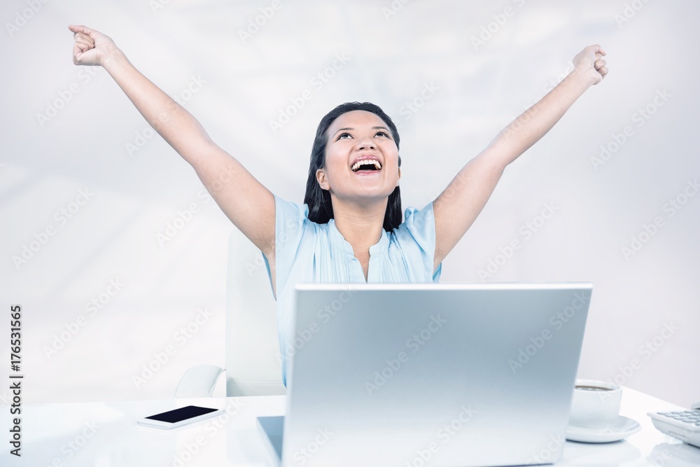 Composite image of celebrating woman with arms raised Composite image of celebrating woman with arms raised