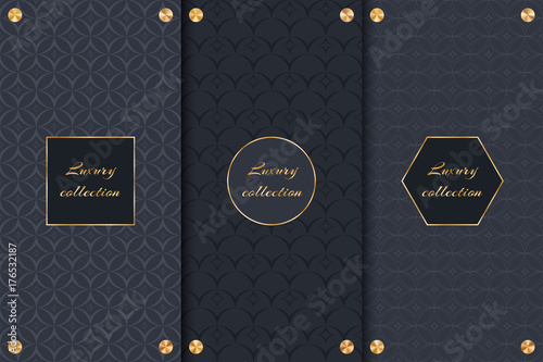 Collection of black backgrounds for the design of luxury goods with gold elements.