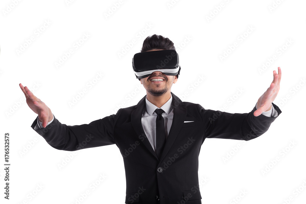 Young man smiling in suit and 3d glasses isolated on white background Young man smiling in suit and 3d glasses isolated on white background