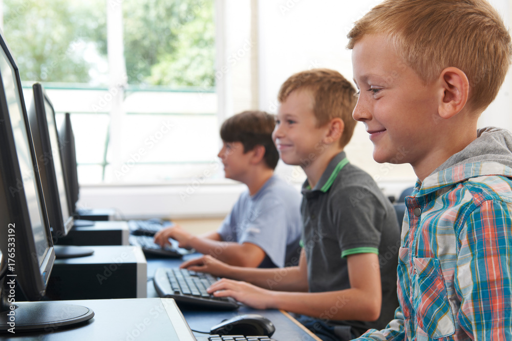 Group Of Male Elementary School Children In Computer Class Group Of Male Elementary School Children In Computer Class