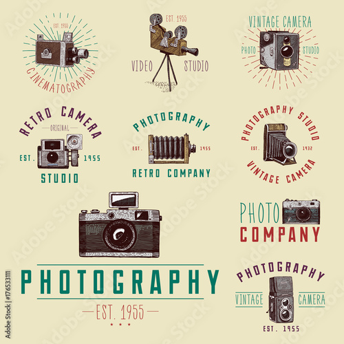 photo logo emblem or label, video, film, movie camera from first till now vintage, engraved hand drawn in sketch or wood cut style, old looking retro lens, isolated vector realistic illustration.
