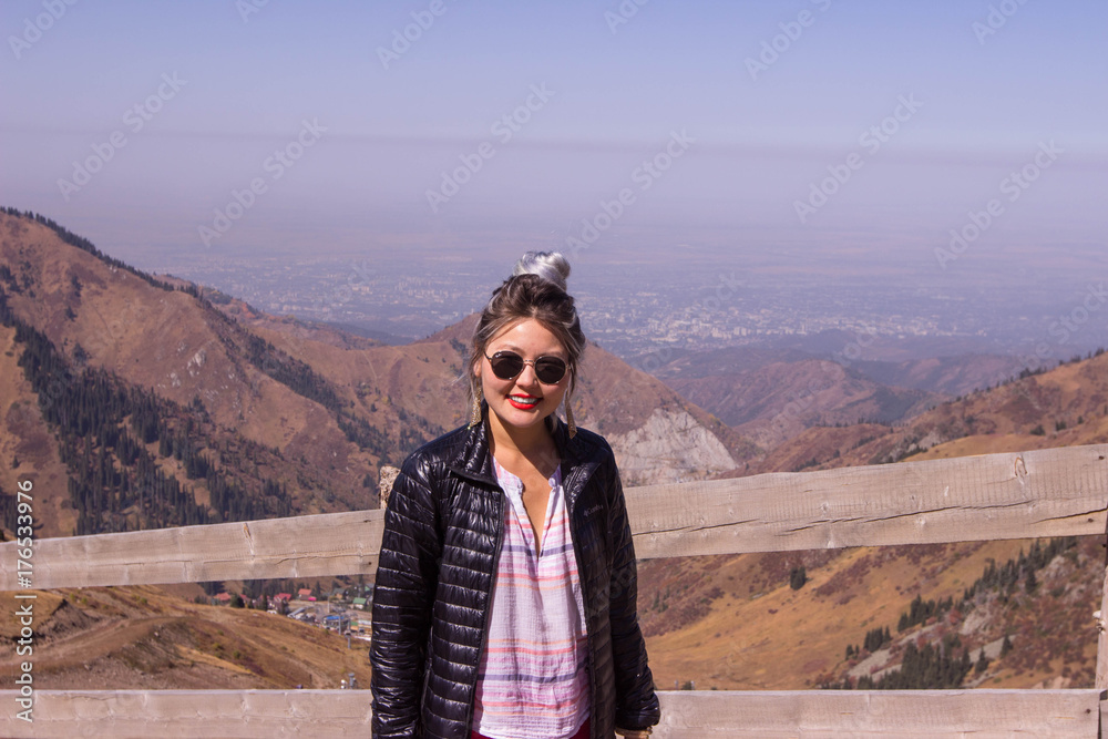 Naklejka premium Gorgeous Kazakh lady traveling around the world